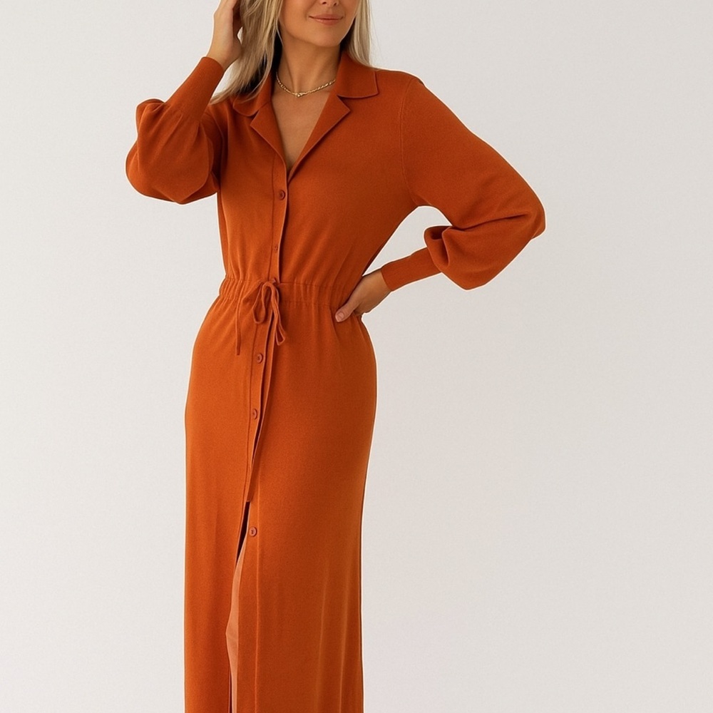 ZARA Women’s Dress S Knit Rust Button Front Long Sleeve Midi Adjustable Waist